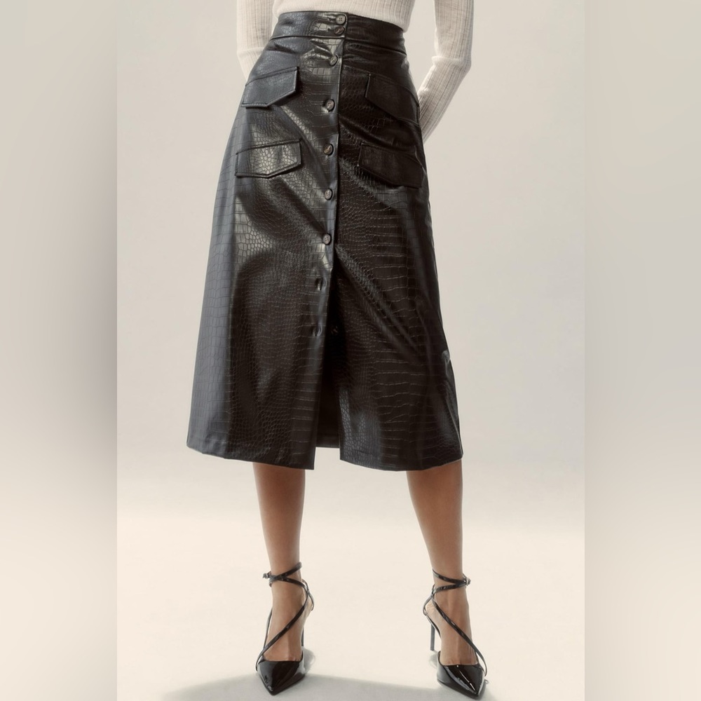 MARE MARE x Anthropologie Utility Midi Skirt Black Faux Leather NEW